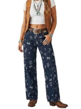 Cali 1850 Western cowgirl Print Wide-Leg higg rise jeans size 3/26 blue NWT